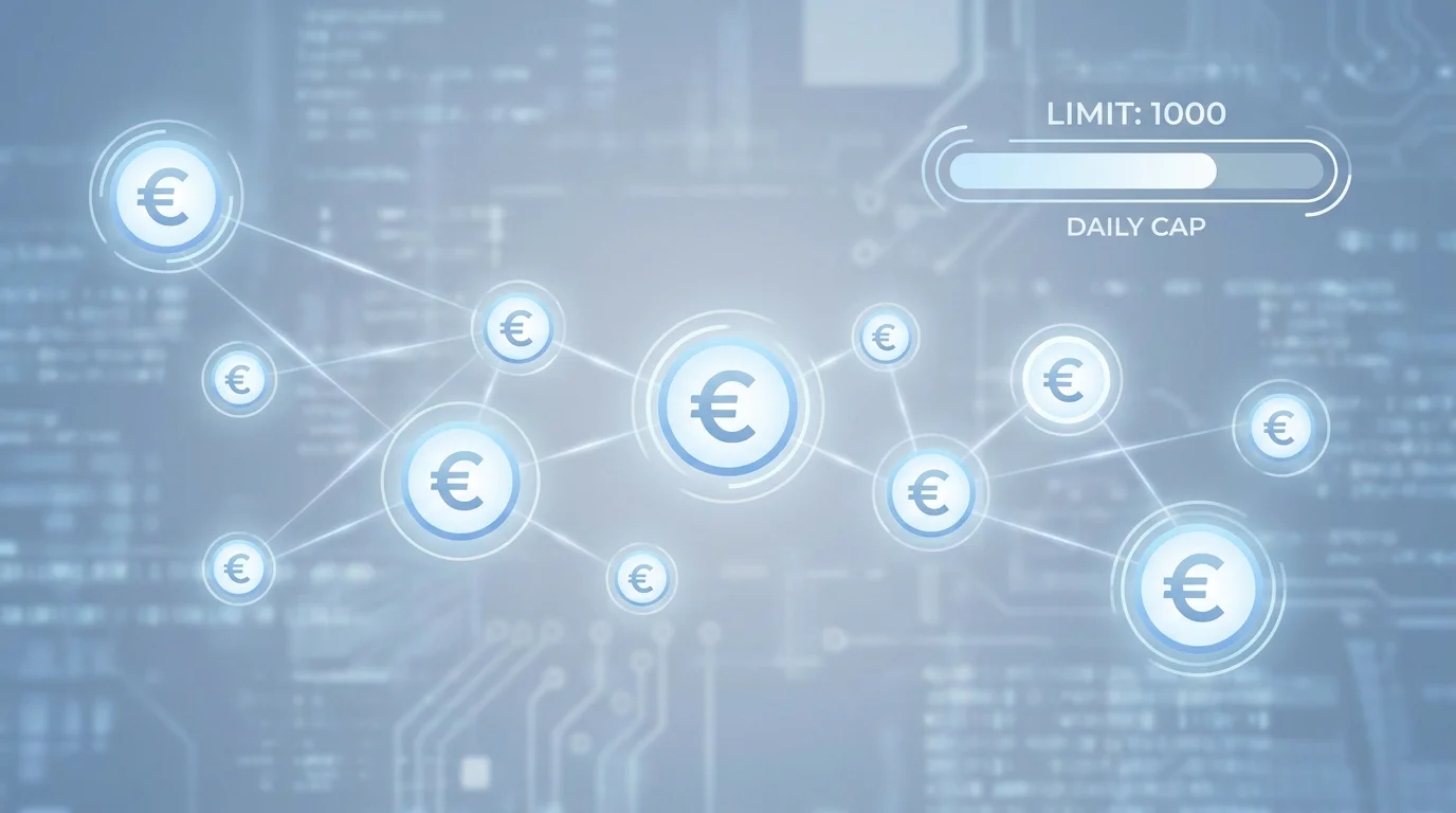 Abstrakte Infografik mit vernetzten Knoten und 1000-Euro-Limit-Anzeige