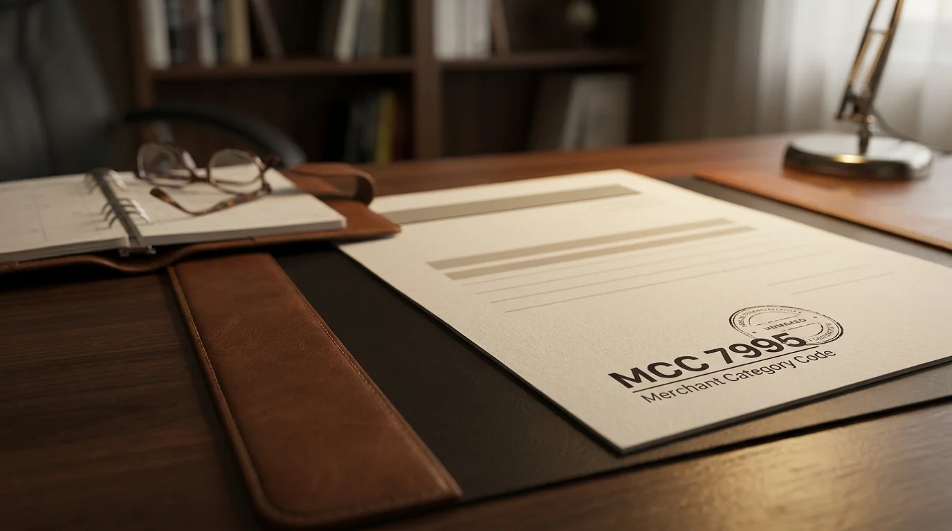 Gestempeltes Dokument mit Merchant Category Code 7995 und Bank-Stempel