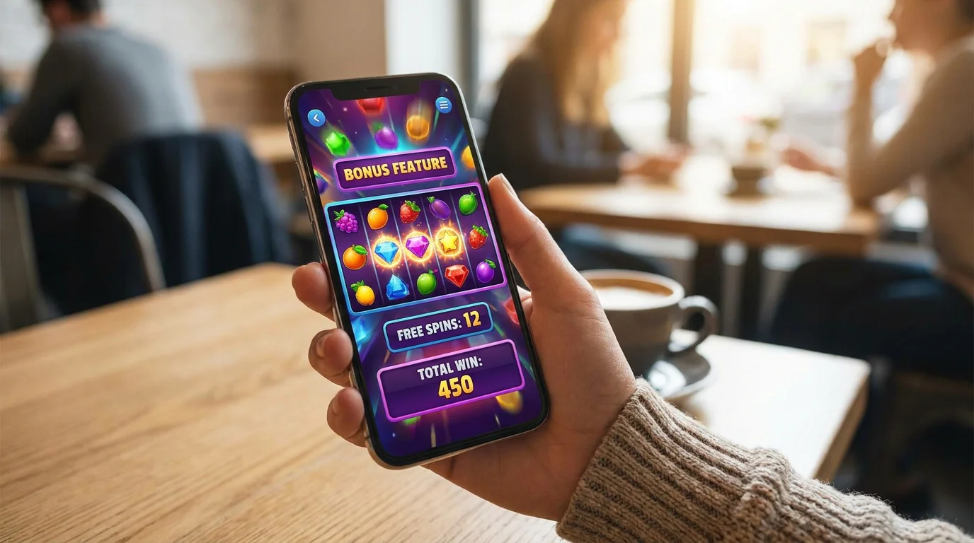 Smartphone mit Casino-Slot-Spiel in Freispiel-Bonusrunde