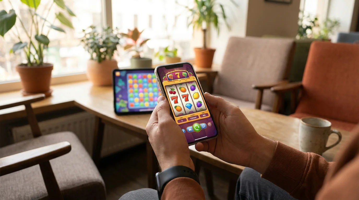 Smartphone in der Hand zeigt Casino-Spiel