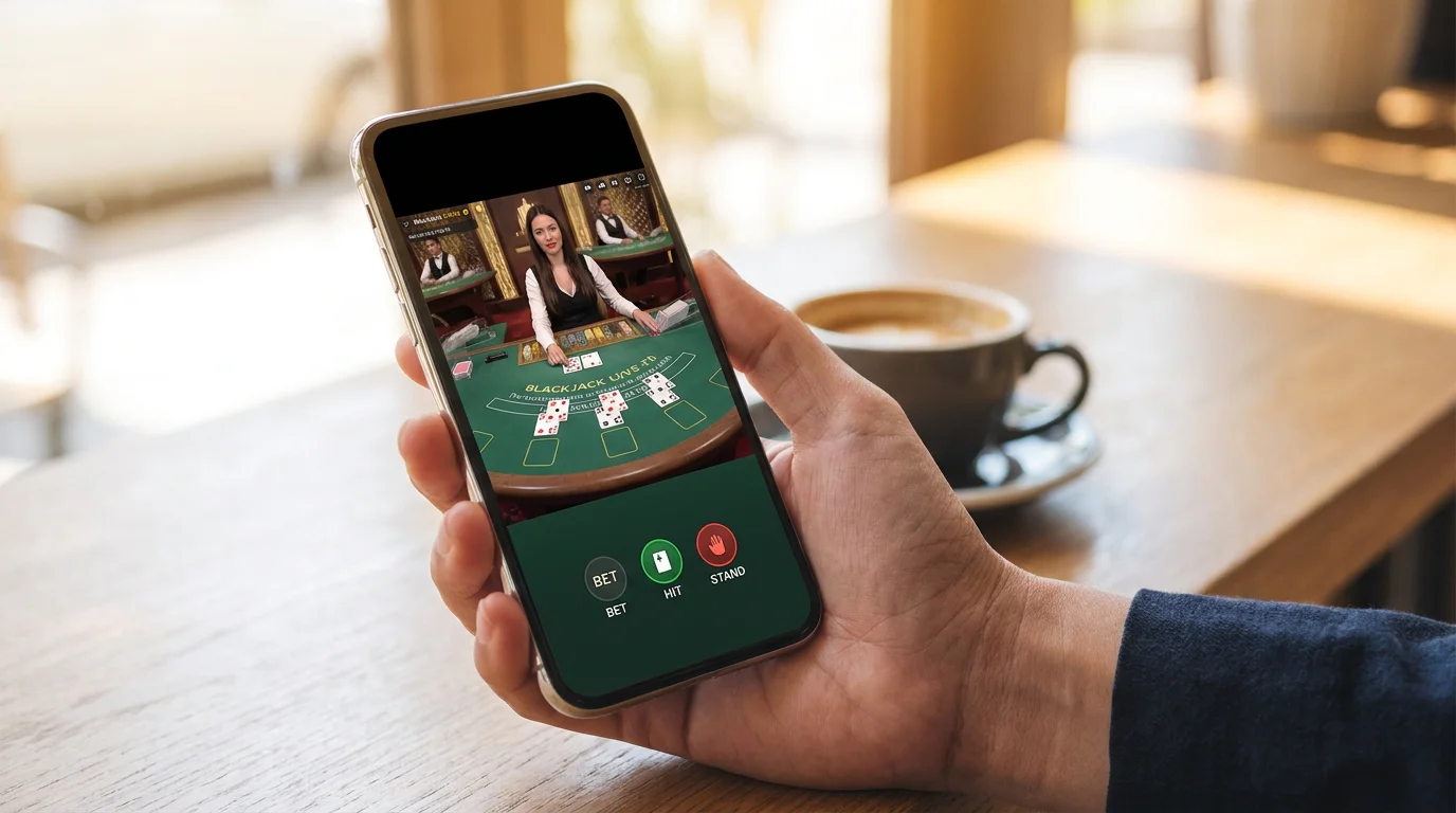 Smartphone mit Live-Blackjack-Tisch im mobilen Browser