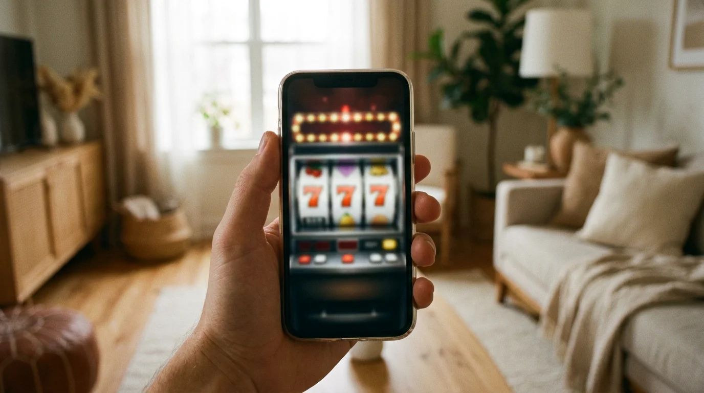 Hand hält Smartphone mit unscharfer Spielautomaten-Oberfläche — mobiles Casino-Spielen in Deutschland
