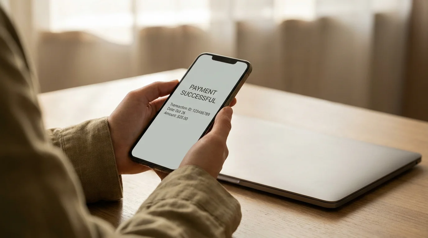 Hand hält Smartphone mit neutraler Zahlungsbestätigung neben einem Laptop
