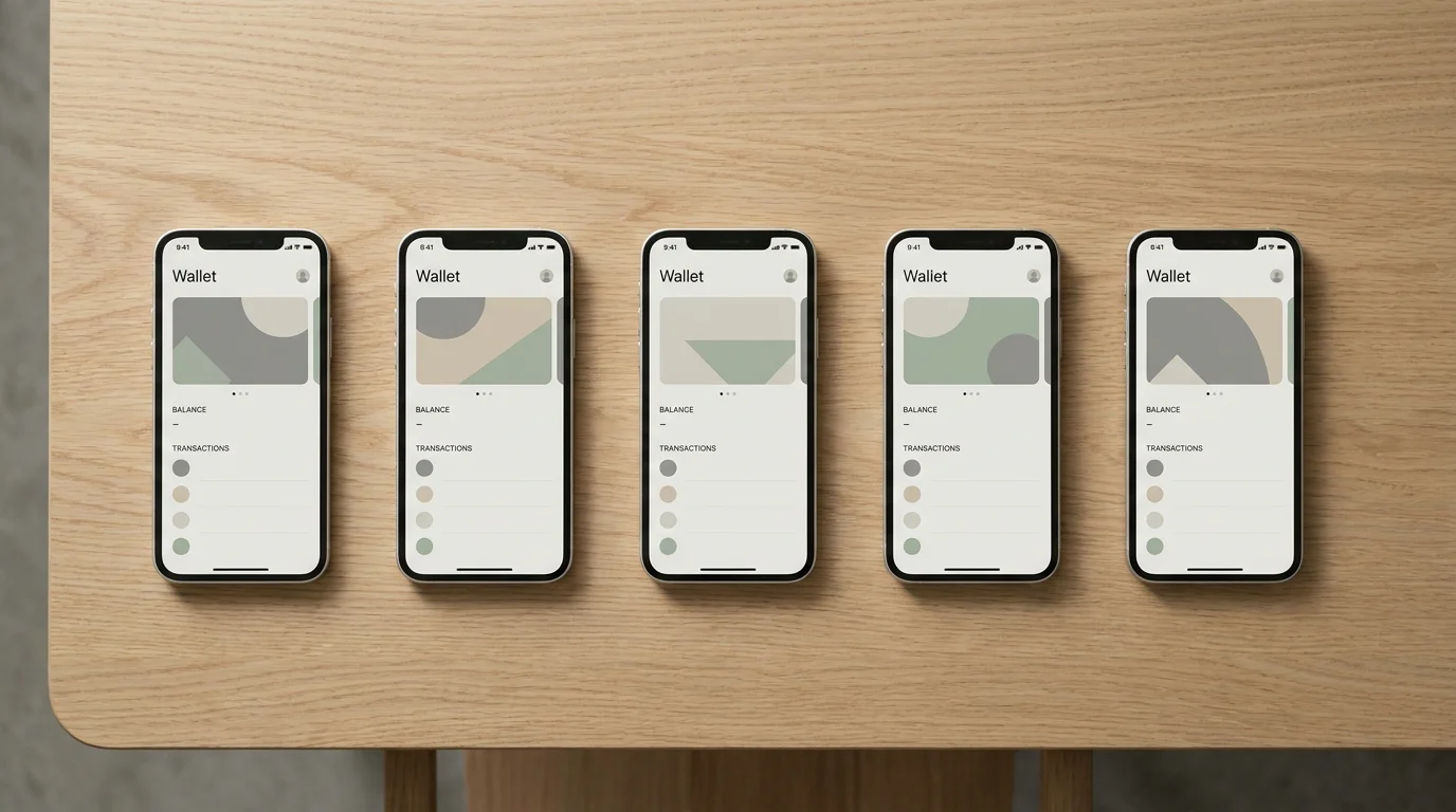 Mehrere Smartphones mit neutralen Wallet-Oberflächen nebeneinander auf einem Tisch