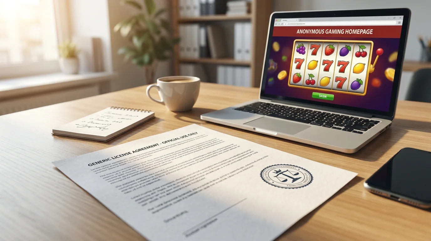 Curaçao-Lizenzdokument auf Schreibtisch neben Laptop mit Casino-Website