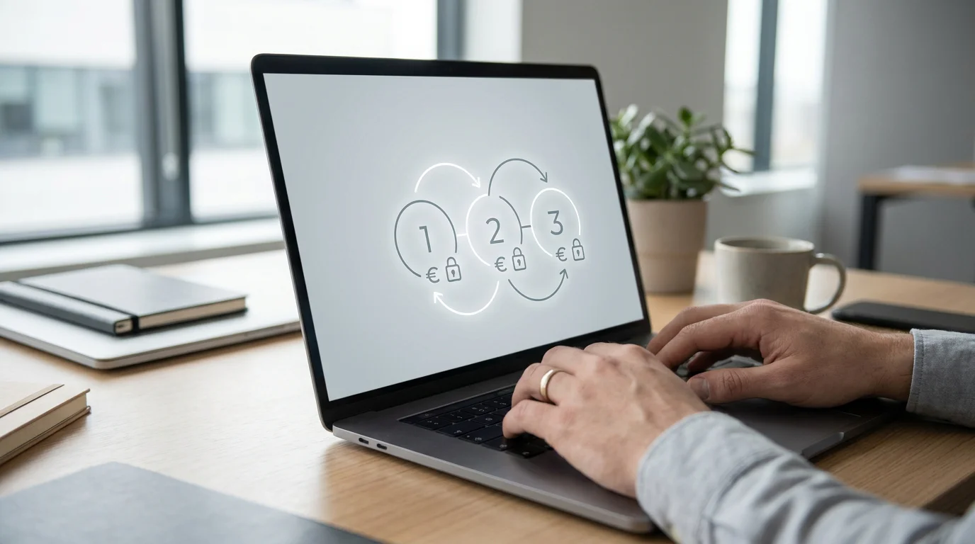 Person tippt auf Laptop-Tastatur mit abstraktem Zahlungsfluss-Diagramm auf dem Bildschirm