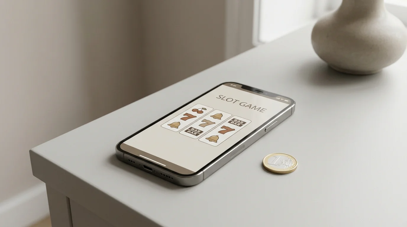 Smartphone mit Slot-Spielen und einem Euro-Schein auf Tisch