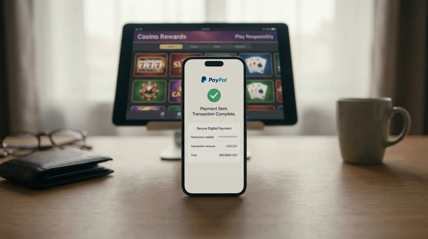 PayPal-Zahlungseingang auf einem Smartphone mit Casino-App im Hintergrund