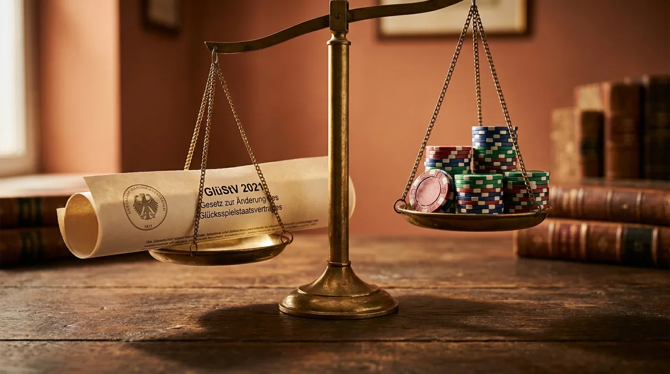 Waage symbolisiert rechtliche Grauzone — GlüStV-Dokument und Casino-Chips im Ungleichgewicht