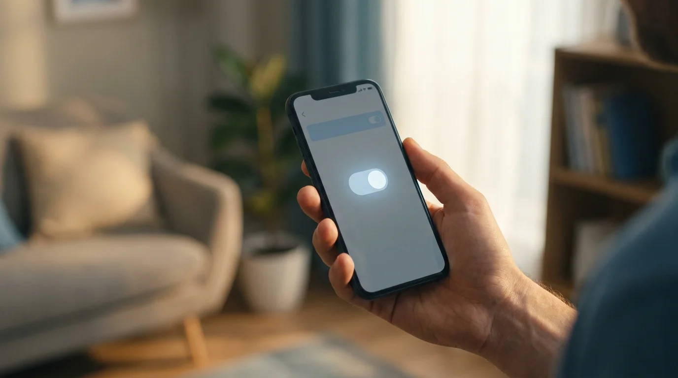 Hand hält Smartphone mit aktiviertem Sicherheitsschalter als Sinnbild für die Revolut-Glücksspielsperre