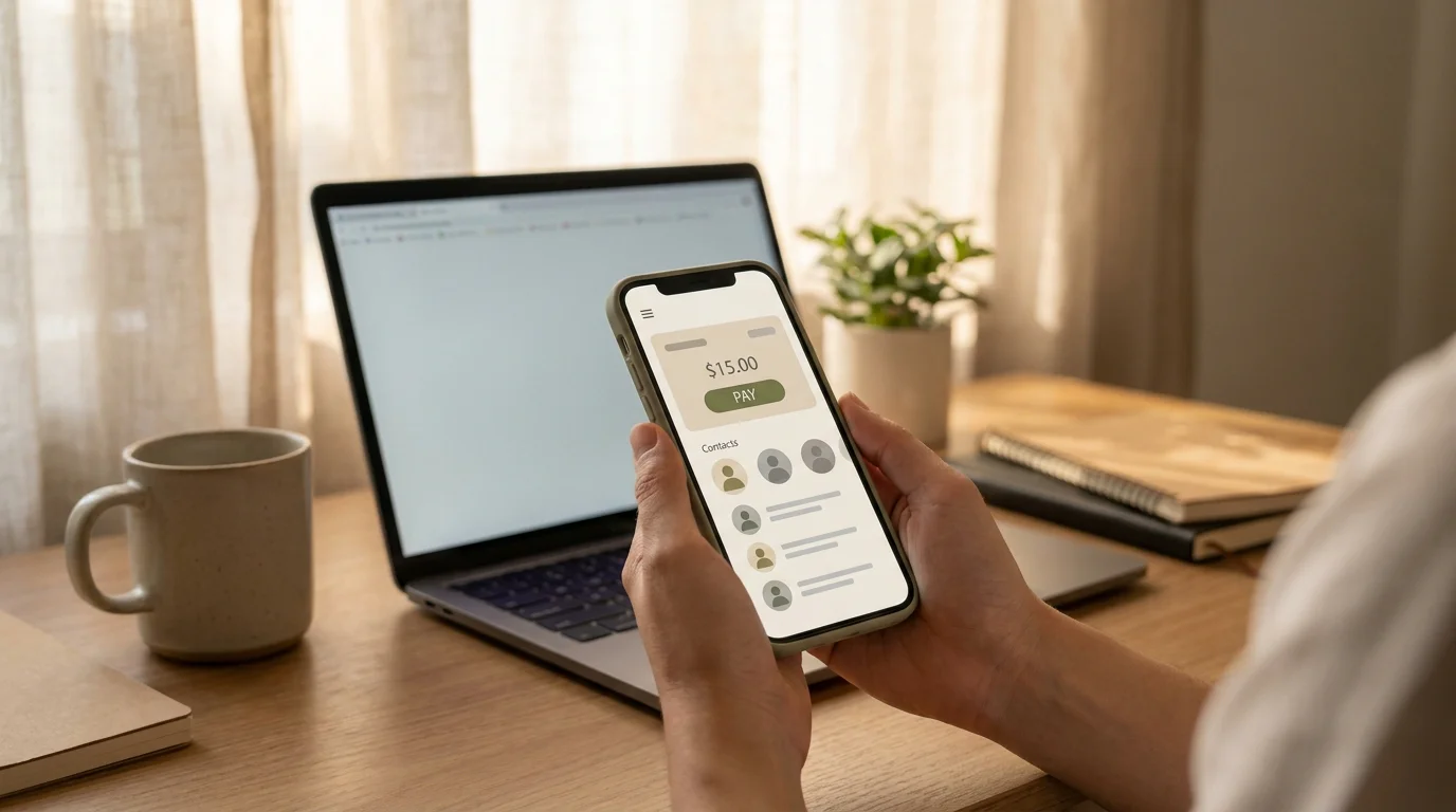 Hand mit Smartphone, das eine neutrale Bezahl-App ohne Markenzeichen zeigt