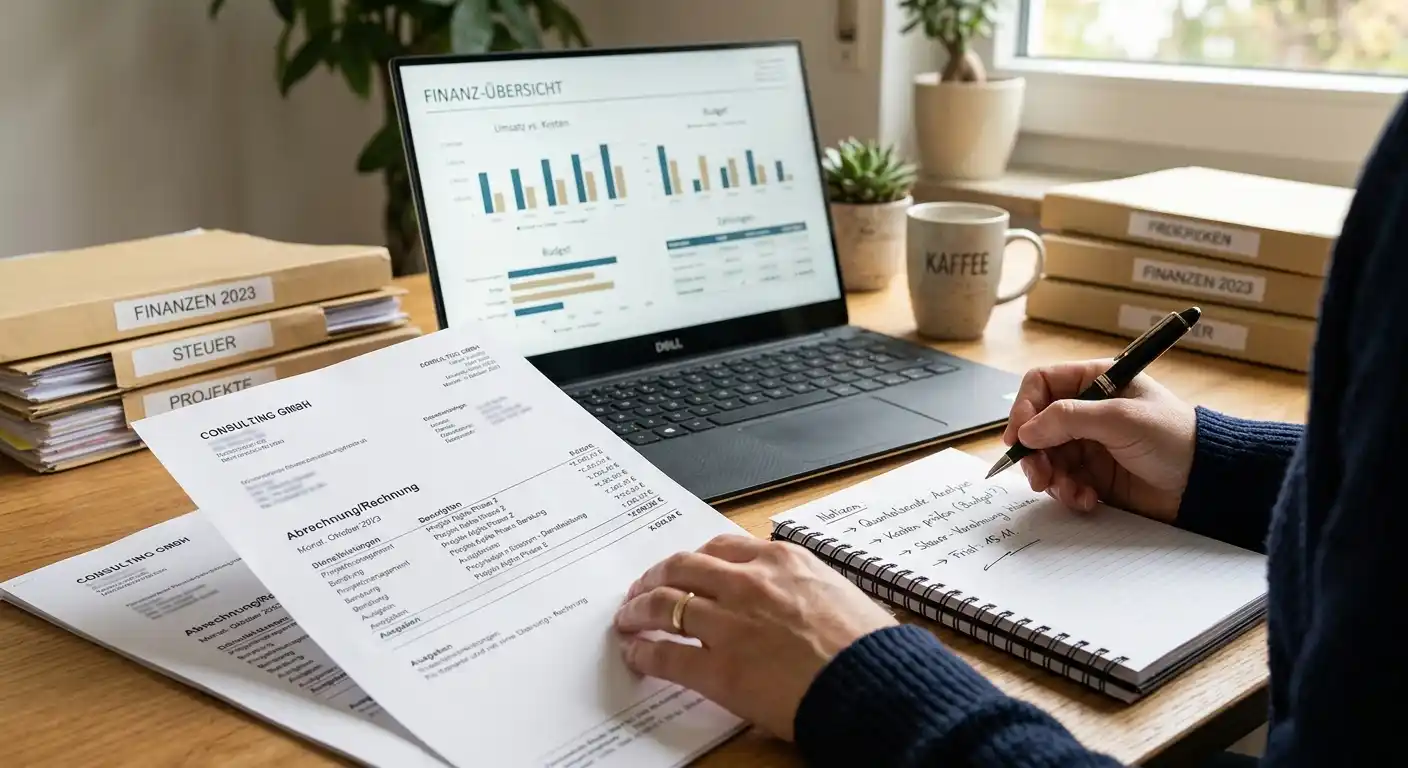Finanzielle Dokumente mit Stift und Laptop auf organisiertem Schreibtisch