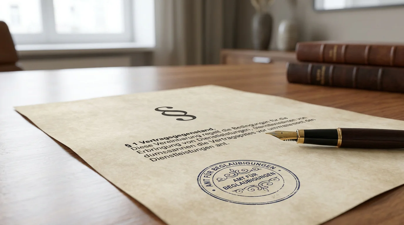 Formales Dokument mit Paragraphen-Symbol und Stempel auf Schreibtisch