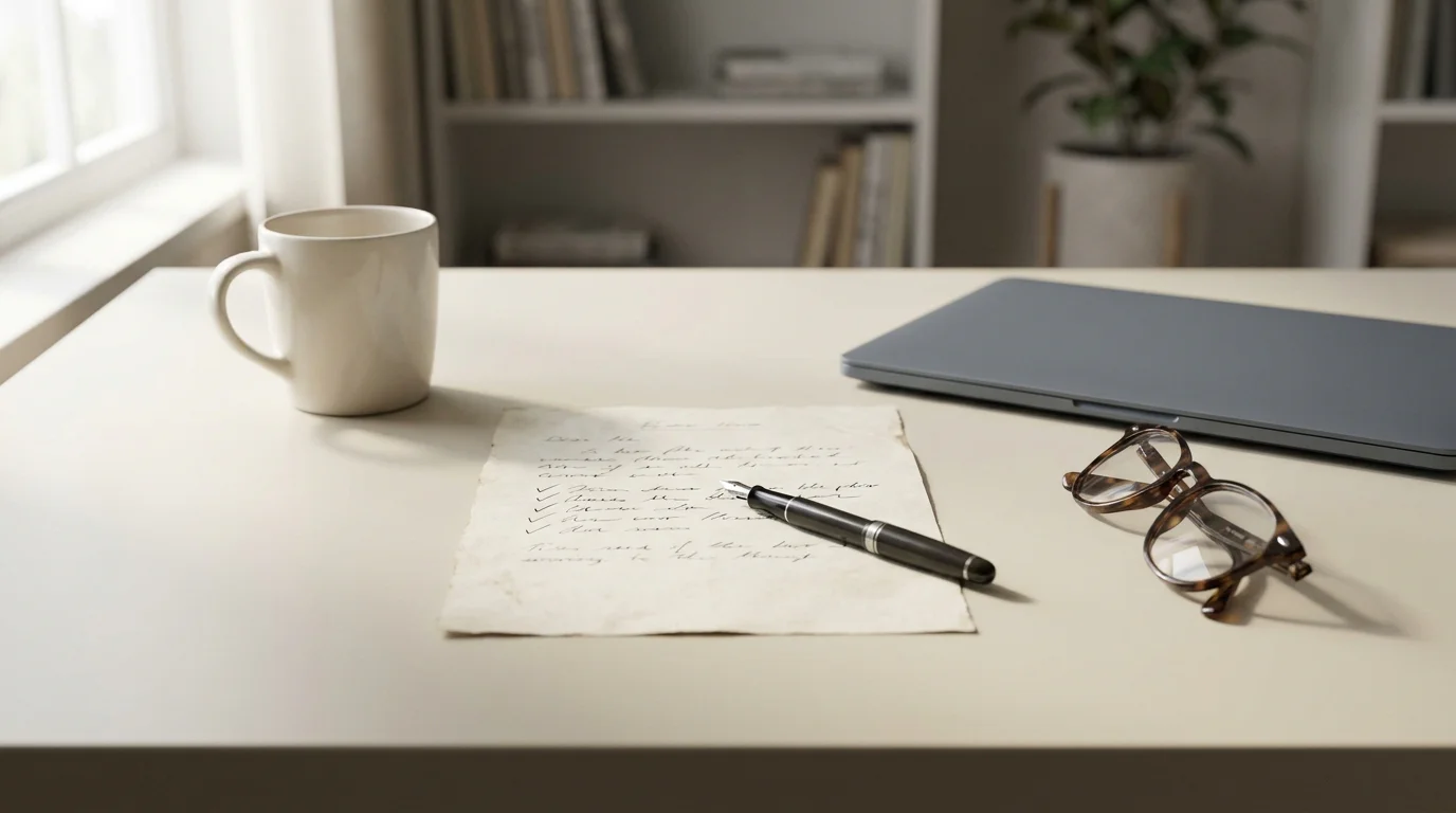 Ruhiger Arbeitsplatz mit einer handschriftlichen Prüfliste und einem Stift
