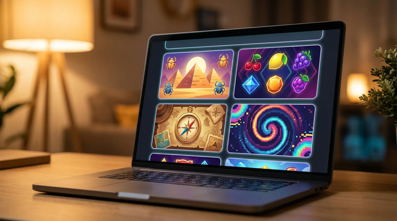 Laptop-Bildschirm mit Slot-Spielen verschiedener Provider-Logos