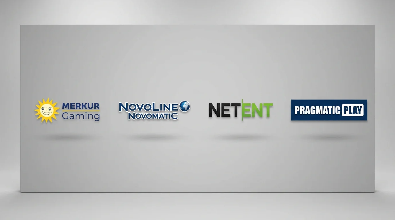 Collage aus Provider-Logos: Merkur Gaming, Novoline, NetEnt und Pragmatic Play auf neutralem Hintergrund