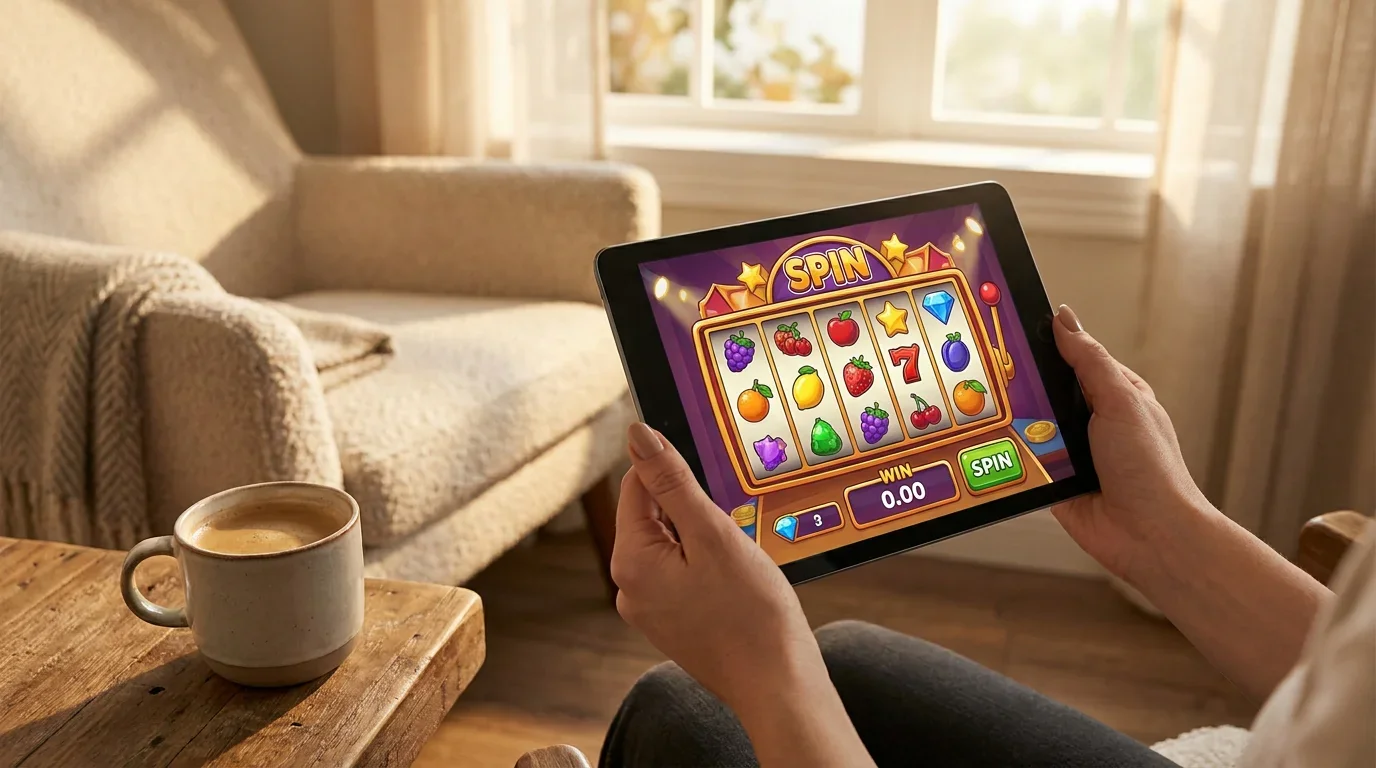 Tablet mit Casino-Spiel in gemütlicher Umgebung