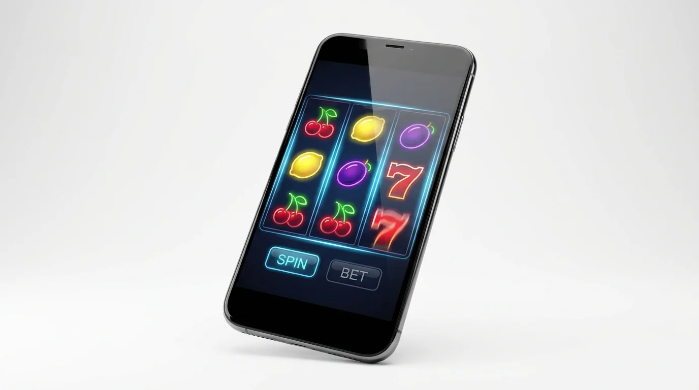 Smartphone zeigt klassischen 5-Walzen-Spielautomaten mit Früchte-Symbolen auf dem Display