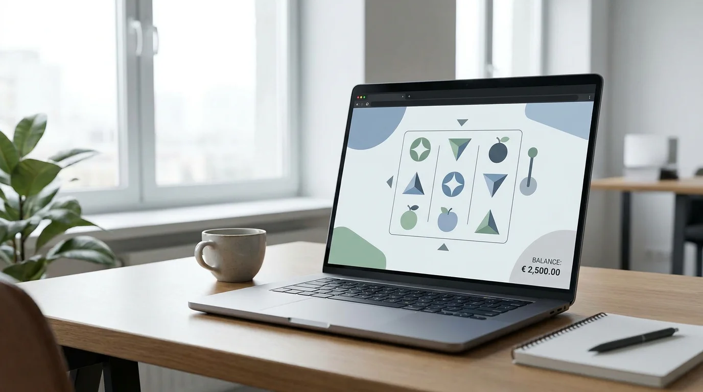 Laptop zeigt abstraktes Slot-Interface mit generischen Symbolen