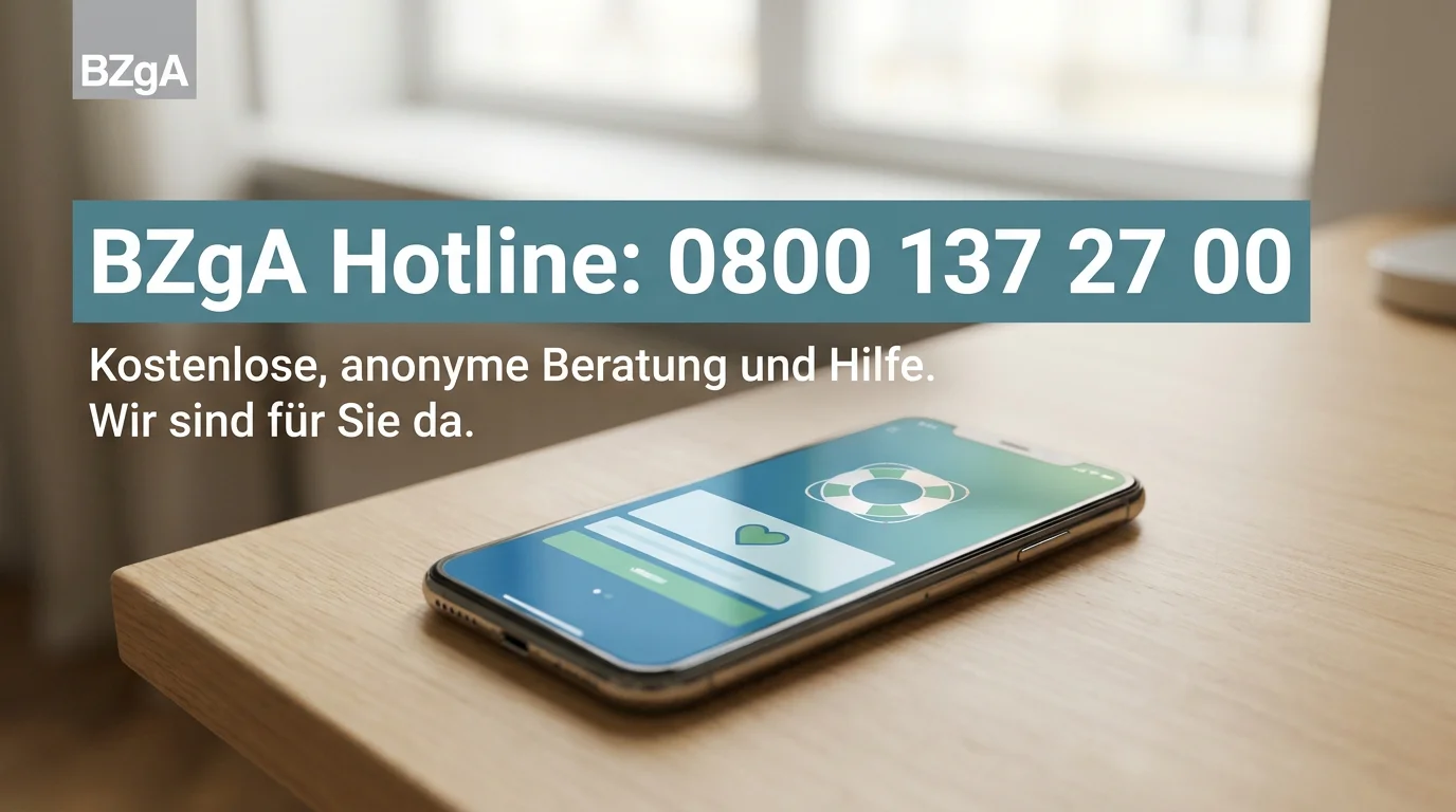 BZgA-Hotline-Nummer und Hilfe-Symbol auf einem Smartphone-Display