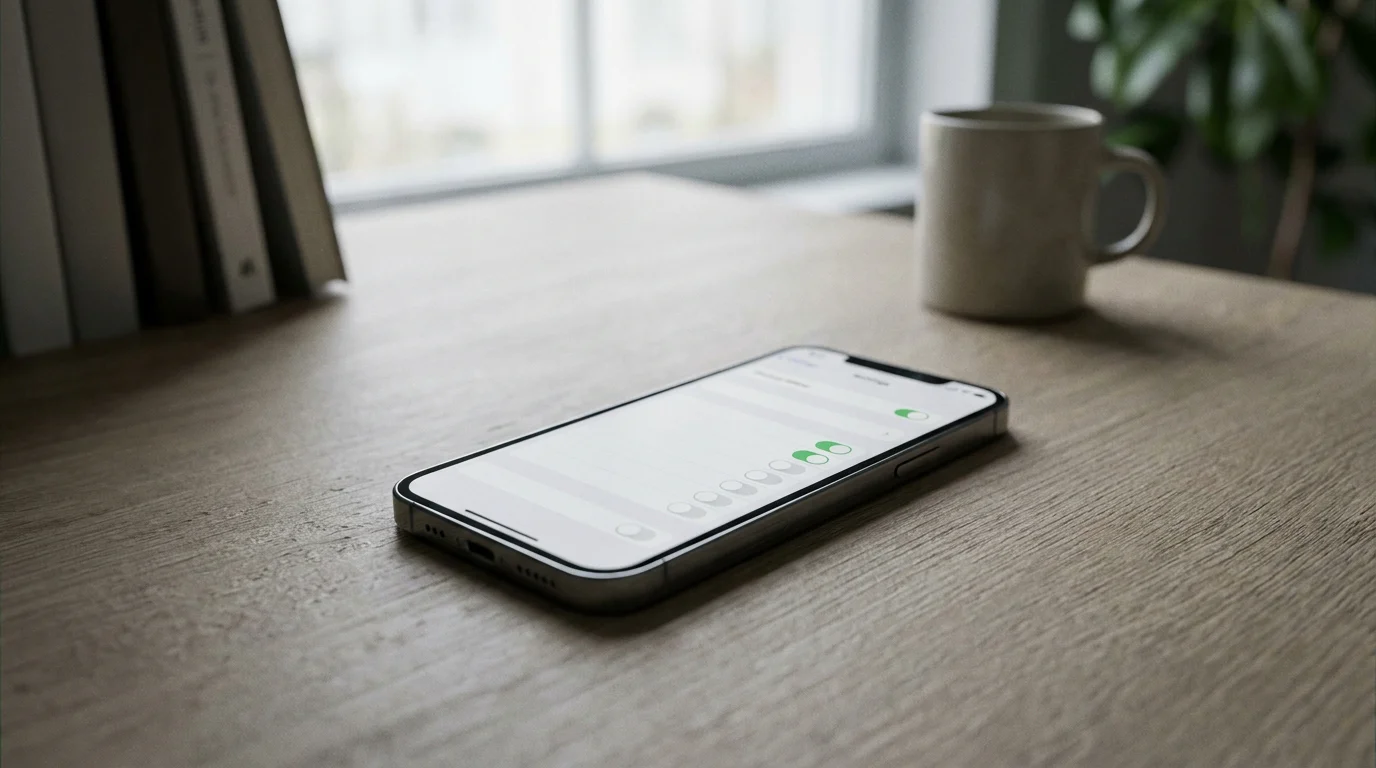 Smartphone mit Selbstschutz-Einstellungen eines deutschen Online-Casinos auf einem ruhigen Schreibtisch
