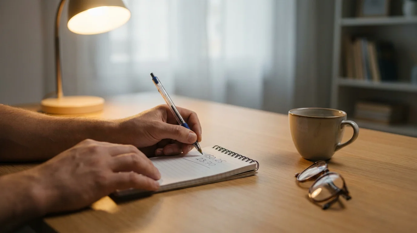 Casino-Bonus-Berechnung: Person mit Notizbuch und Stift