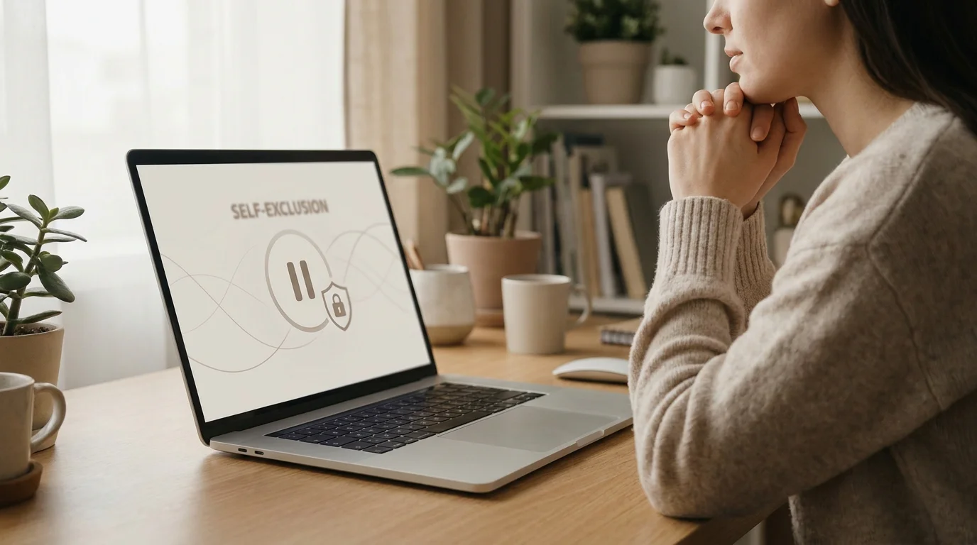Ruhige Szene mit Person am Schreibtisch und Laptop mit Selbstausschluss-Interface