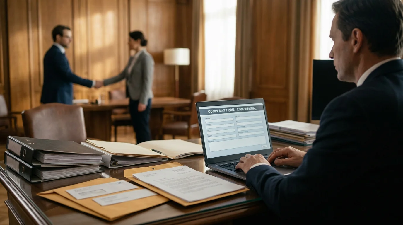 Mediation-Szene mit rechtlichen Dokumenten und Laptop auf Schreibtisch