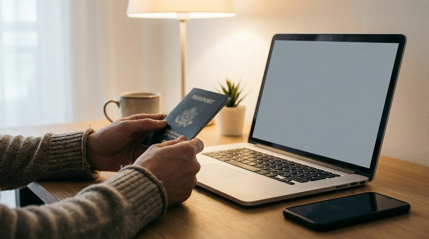 Person am Schreibtisch prüft ein Ausweisdokument neben einem Laptop für die Konto-Verifizierung
