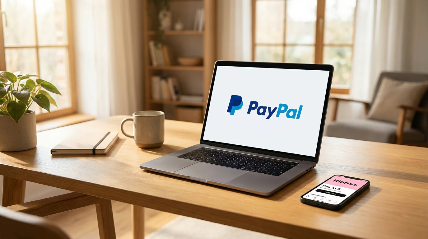 Schreibtisch mit PayPal-Logo auf Bildschirm, daneben Smartphone mit Klarna-App