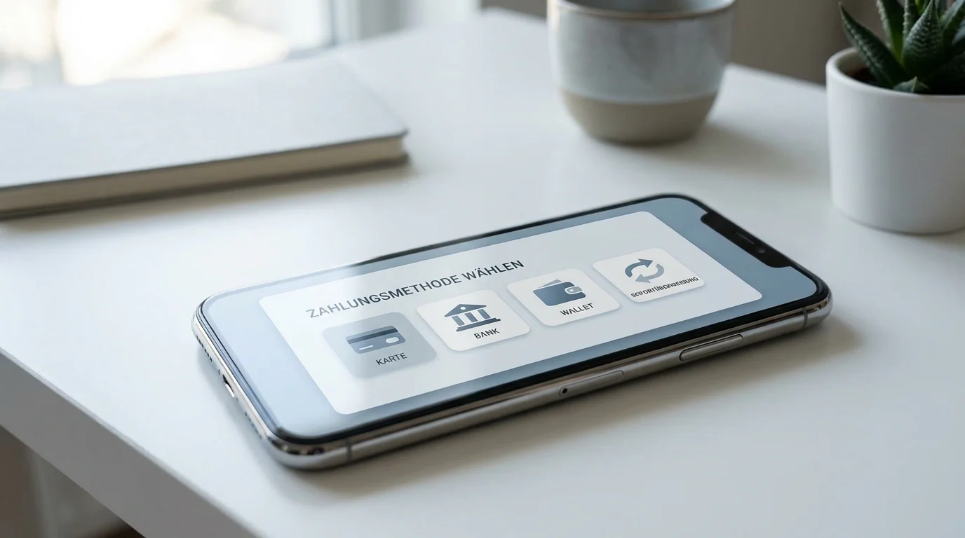 Smartphone mit Casino-App und Zahlungsmethoden PayPal, Trustly, Visa