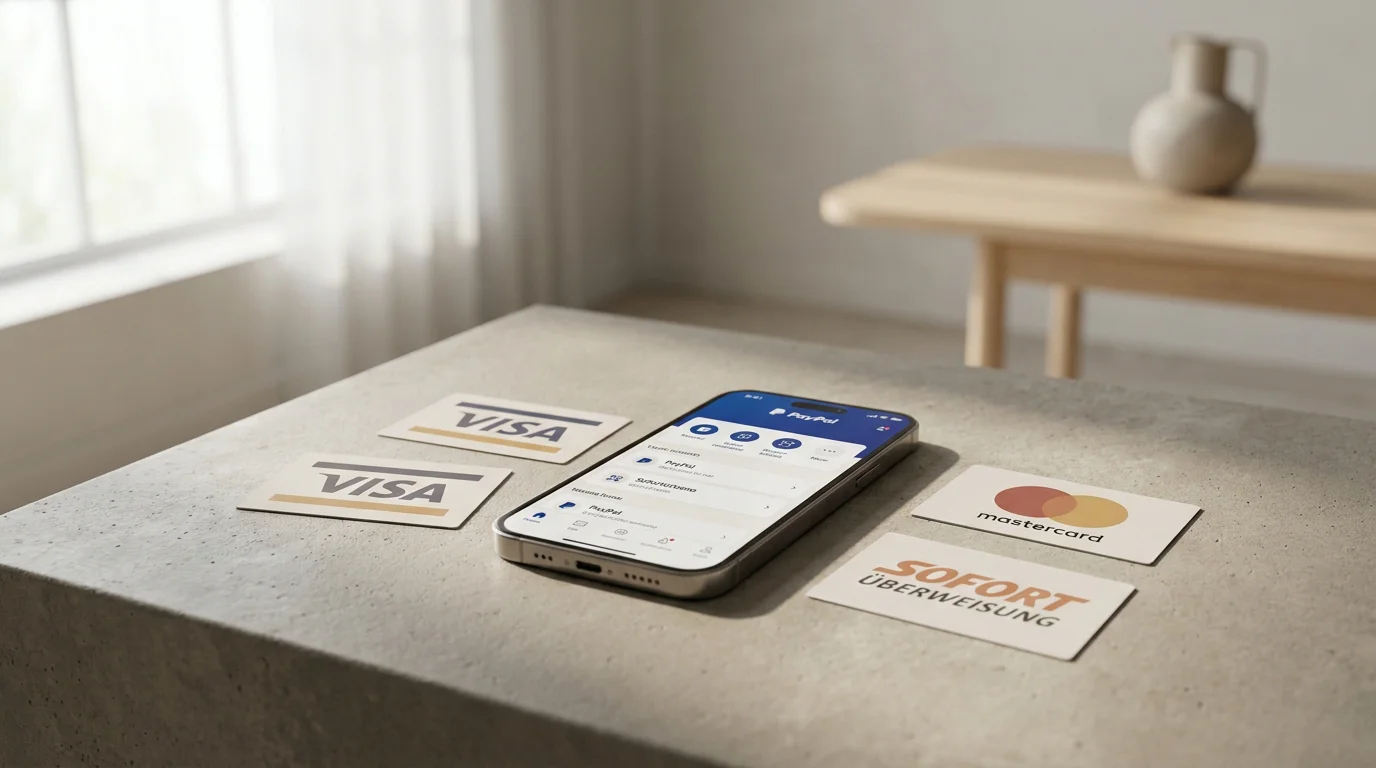 Smartphone mit PayPal-App und verschiedenen Zahlungsmethoden-Logos