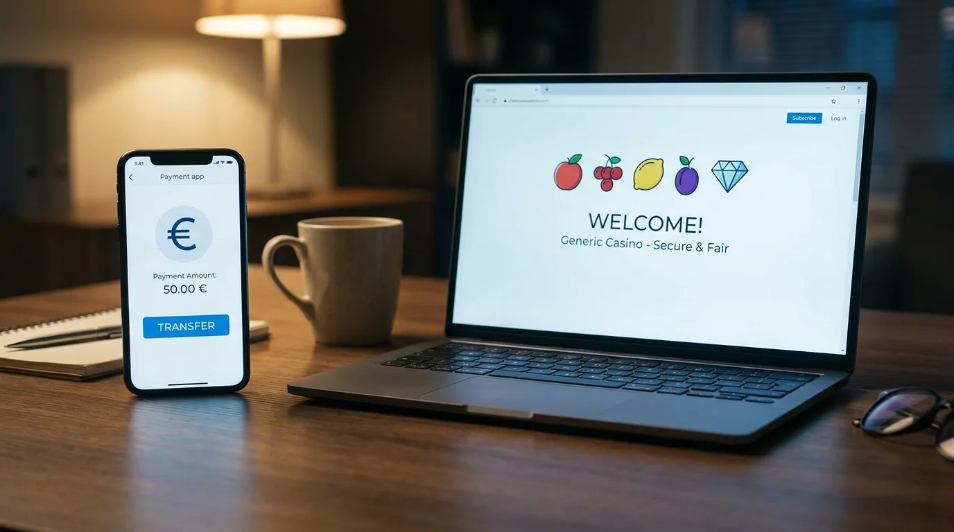Smartphone mit PayPal-App und Euro-Symbol, im Hintergrund Laptop mit Casino-Seite