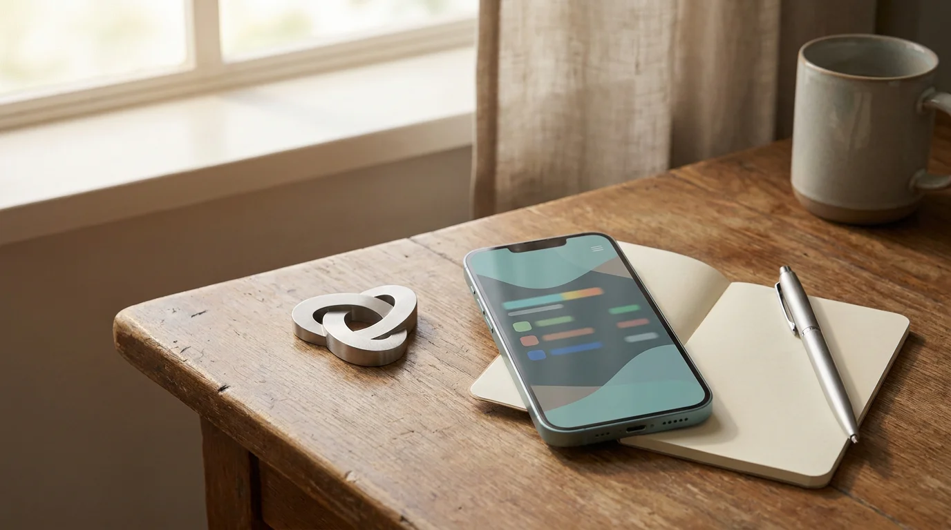 Smartphone mit einer neutralen Krypto-Wallet neben einem Notizblock auf dem Tisch
